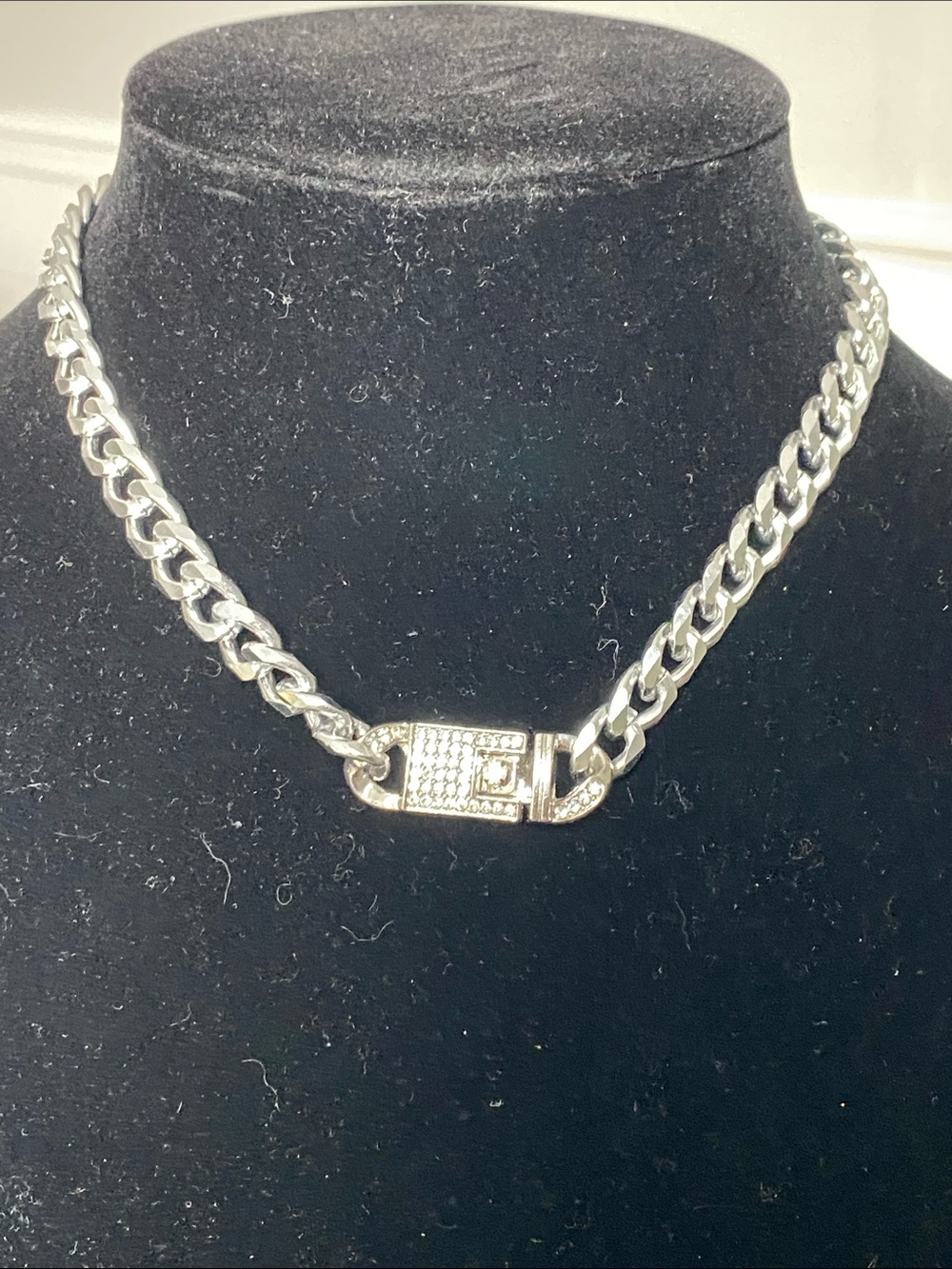 Rhodium-Tone Cuban Link Necklace with Pave Crystal Clasp